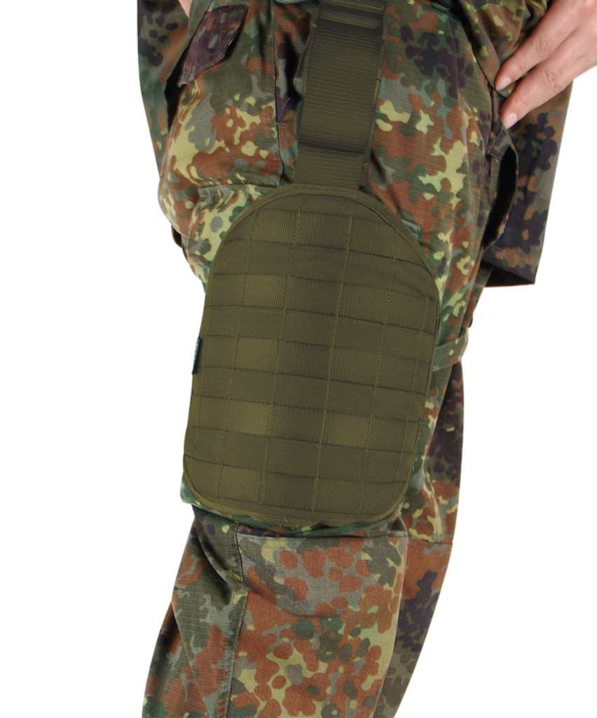 Tasmanian Tiger Leg Base with rigid Molle system plate, loop at the top to fix to your waist belt and two adjustable leg straps shown being worn – Olive | TT7674.331