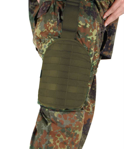 Tasmanian Tiger Leg Base with rigid Molle system plate, loop at the top to fix to your waist belt and two adjustable leg straps shown being worn – Olive | TT7674.331