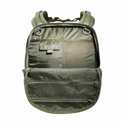 Overhead shot of Tasmanian Tiger 30 L Companion lid with it open to show mesh compartments and zippered pockets - Olive | TT7331.331