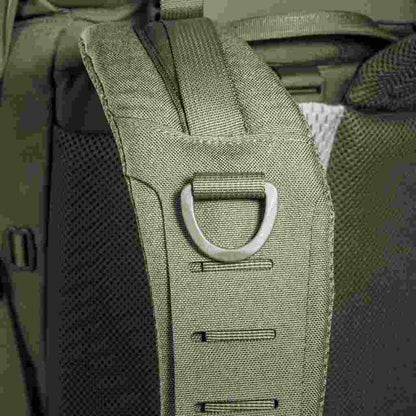 Close up of D-ring on shoulder strap of 40 litre Tasmanian Tiger sentinel pack - Olive