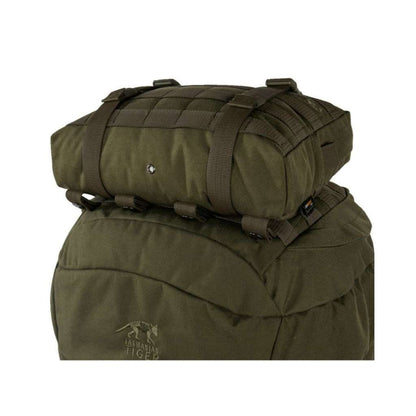 Three quarter view of Tasmanian Tiger large accessories and lid pouch with two compression straps – Olive. Shown mounted on top of TT pack (pack not included)