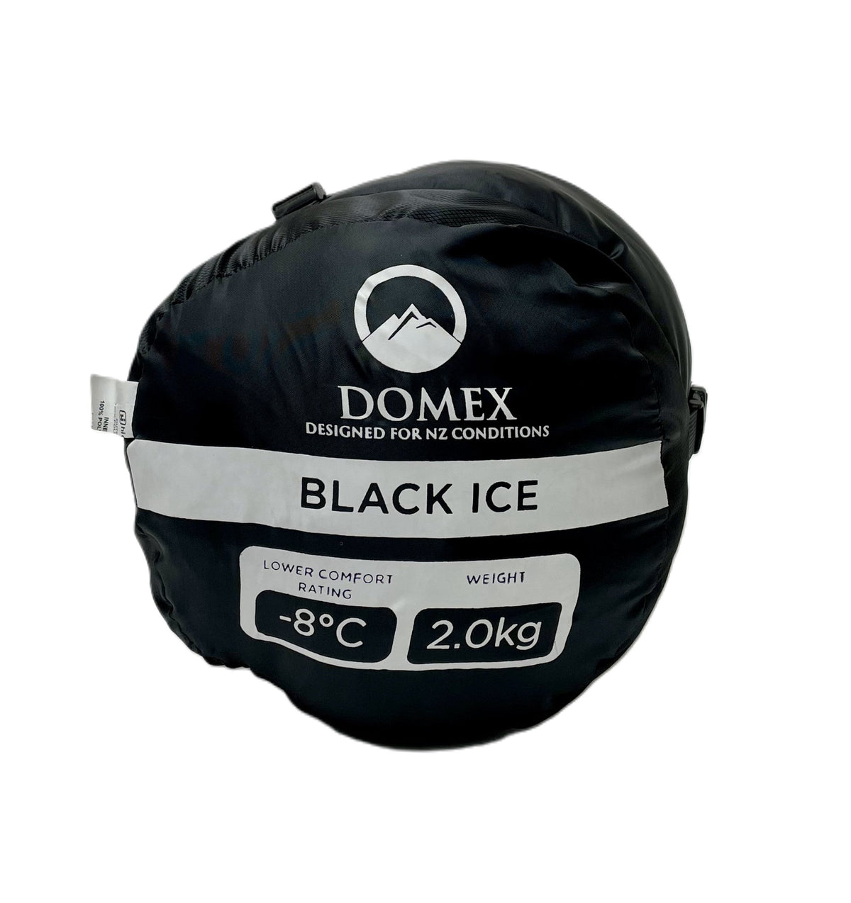 End of stuff sack for Domex Black Ice semi-rectangular synthetic sleeping bag - showing -8C and 2.0kg | GENERAL