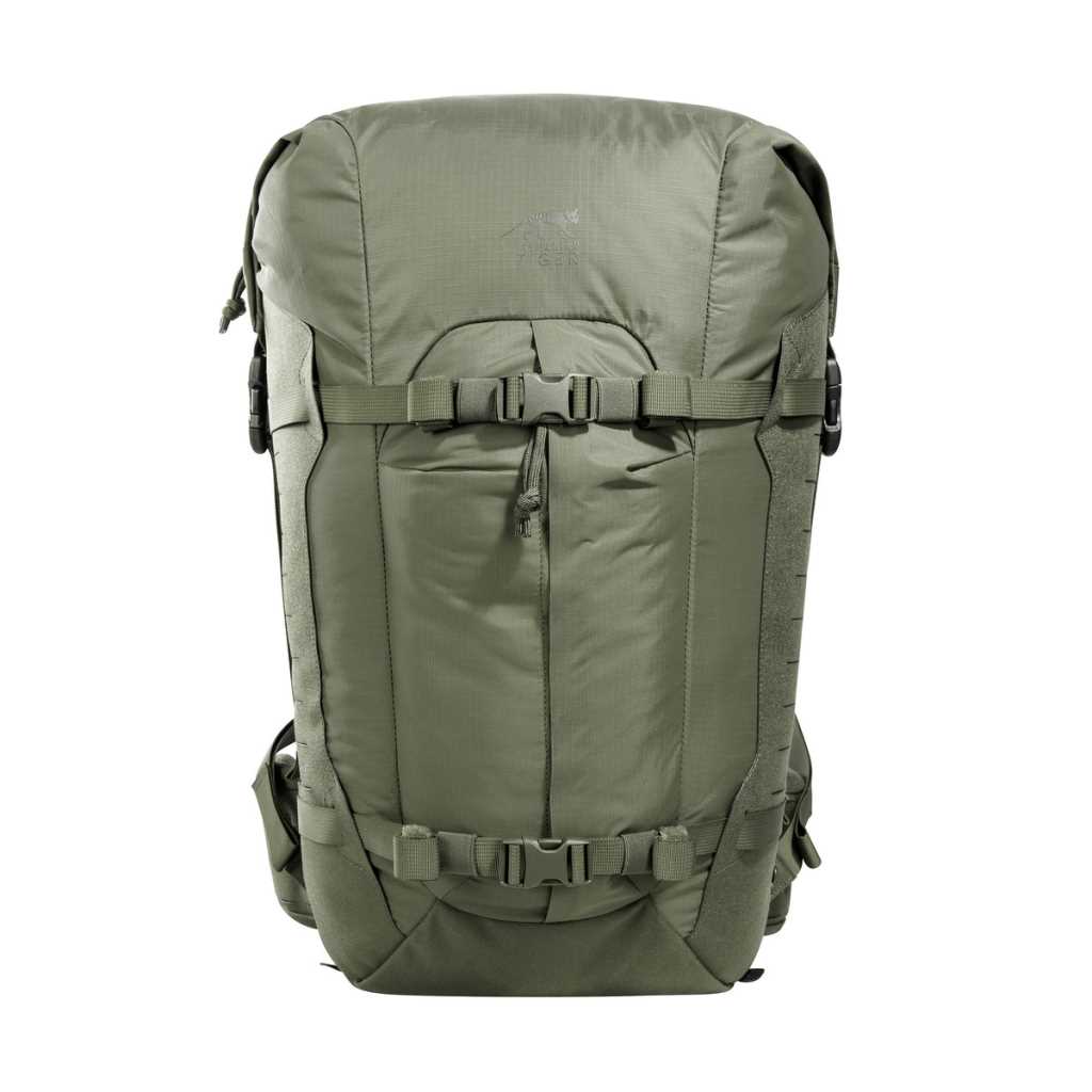 Front view of 28 litre Tasmanian Tiger Sentinel pack featuring two compression straps, front pocket, roll-top with zipper and laser-cut MOLLE on sides - Olive | TT7353.331