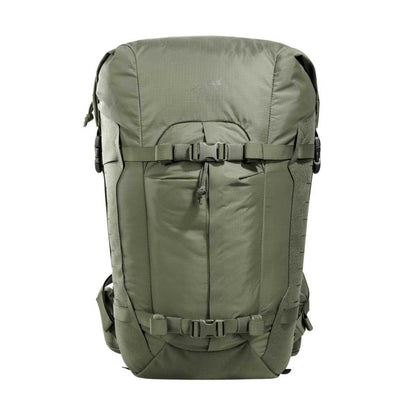 Front view of 28 litre Tasmanian Tiger Sentinel pack featuring two compression straps, front pocket, roll-top with zipper and laser-cut MOLLE on sides - Olive | TT7353.331