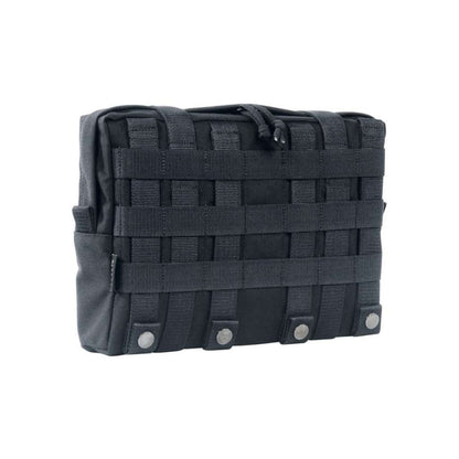 Three quarter back view of Tasmanian Tiger large accessories and lid pouch with MOLLE snap button system requiring seven MOLLE loops - Black