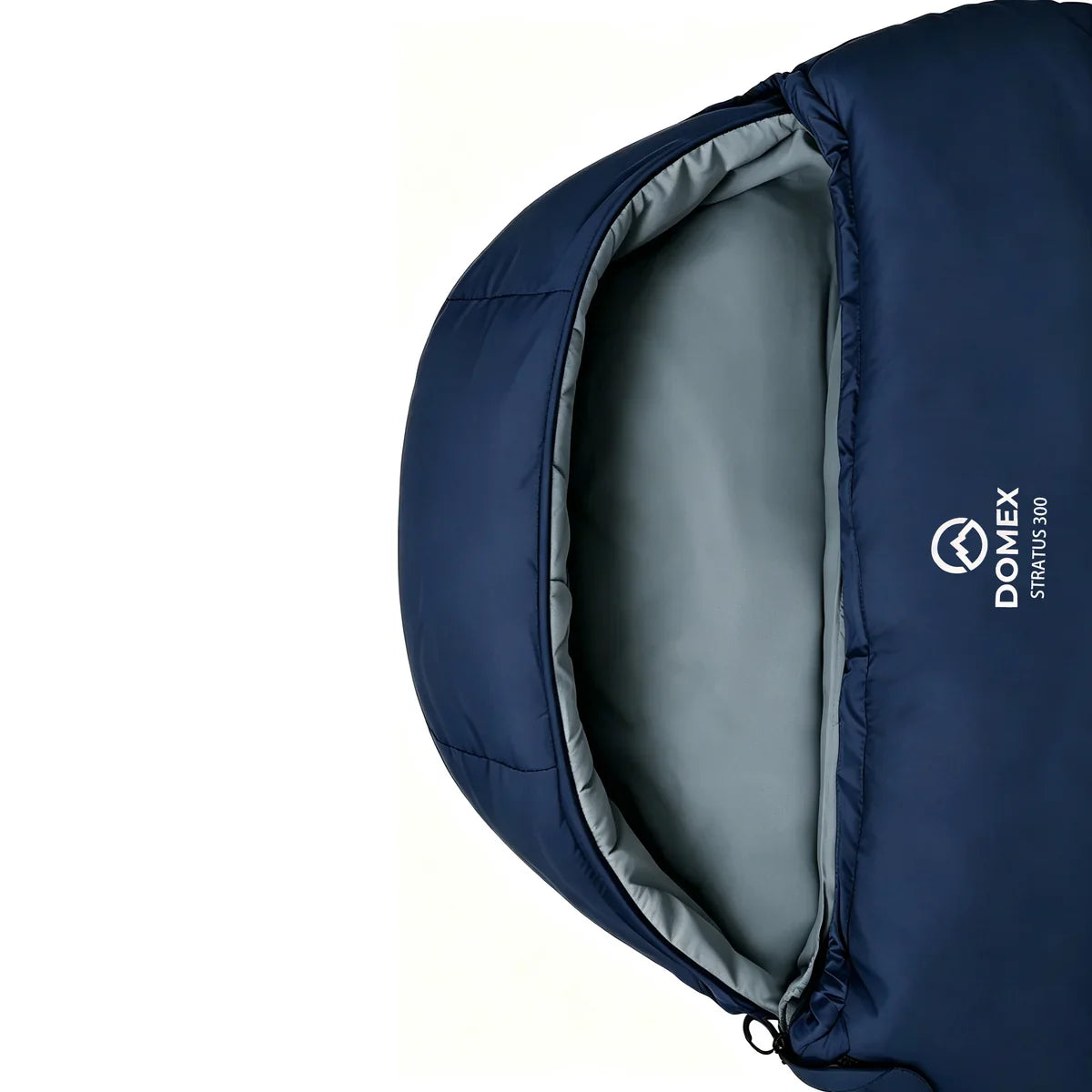 Close-up view of Domex Stratus 300 hood opening showing the soft grey polyester pongee lining, insulated draught collar and zip with Domex Stratus 300 logo – Blue | DOM210