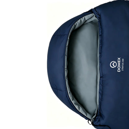 Close-up view of Domex Stratus 300 hood opening showing the soft grey polyester pongee lining, insulated draught collar and zip with Domex Stratus 300 logo – Blue | DOM210
