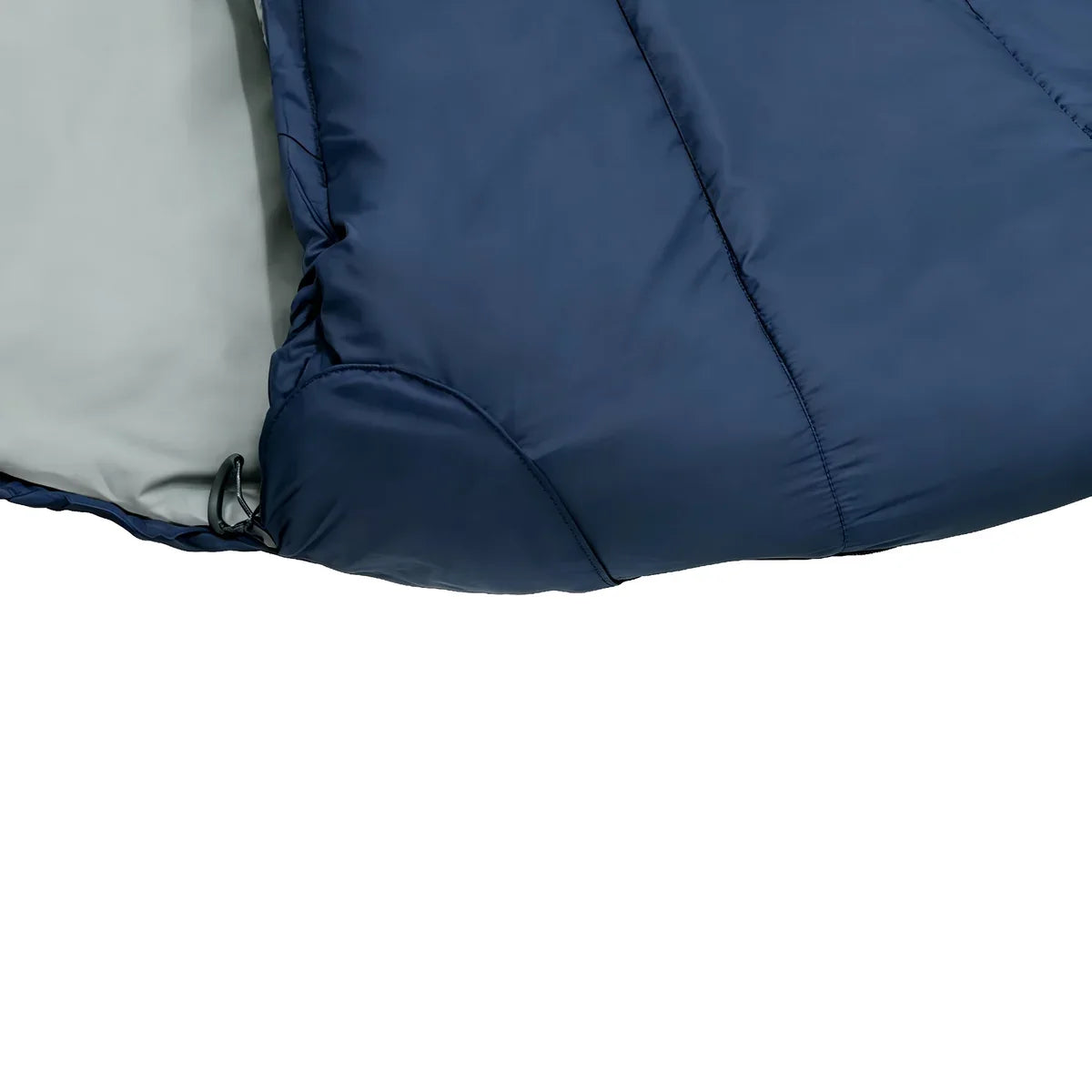 Detail view of Domex Stratus 300 foot end on the zip side, showing the curved velcro zip cover flap at the base of the full-length zip, zip pull, grey inner lining and quilted nylon ripstop outer – Blue | DOM210