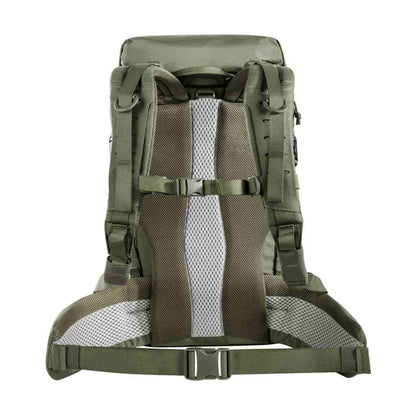 Back view of 40 litre Tasmanian Tiger Sentinel pack featuring roll-top with zipper and laser-cut MOLLE on sides and removable padded hip fins and detachable rear panel – Olive