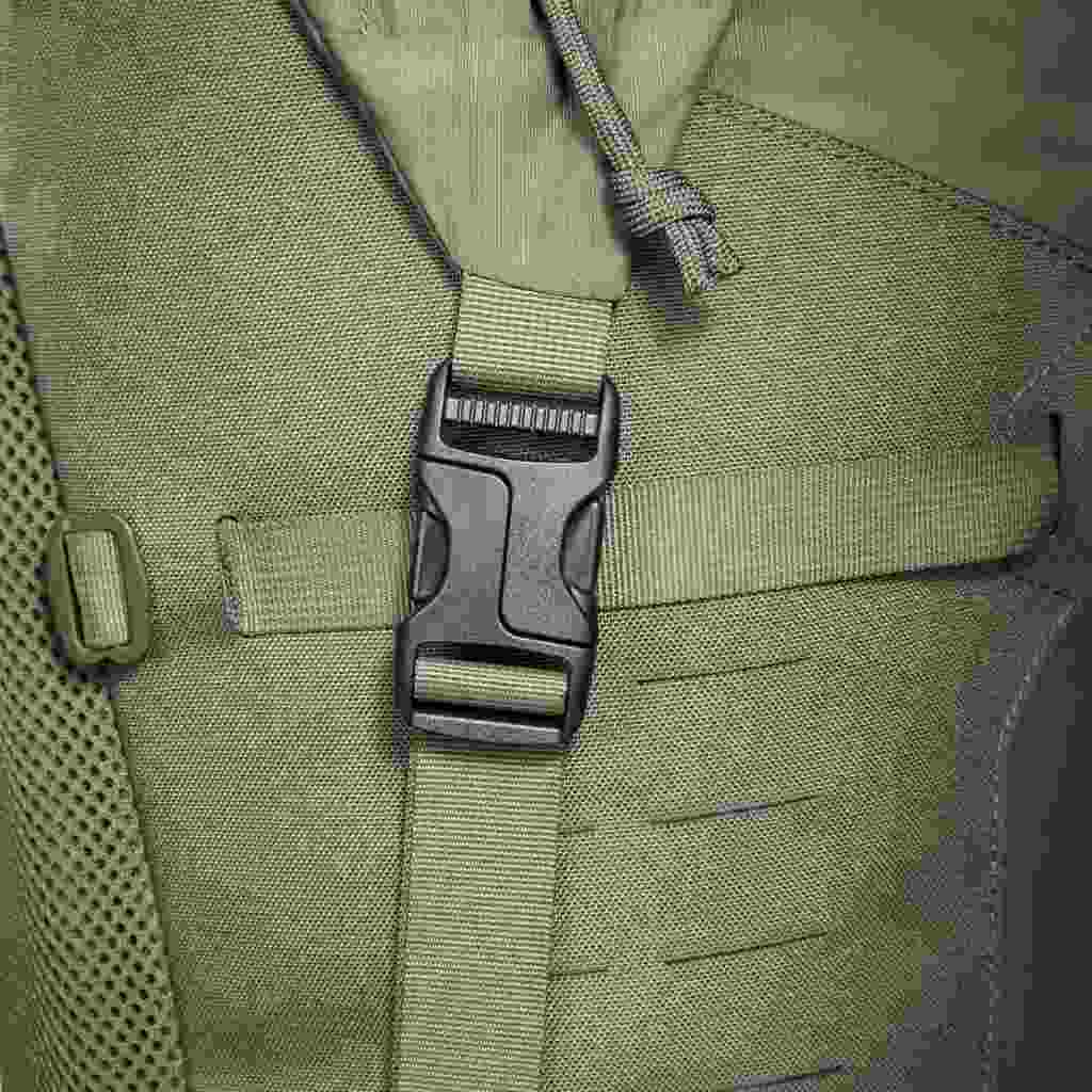 Close up of buckle securing roll-top on 28 litre Tasmanian Tiger Sentinel pack in the down position - Olive | TT7353.331