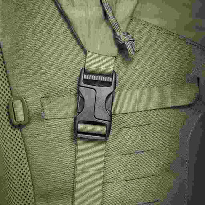 Close up of buckle securing roll-top on 28 litre Tasmanian Tiger Sentinel pack in the down position - Olive | TT7353.331