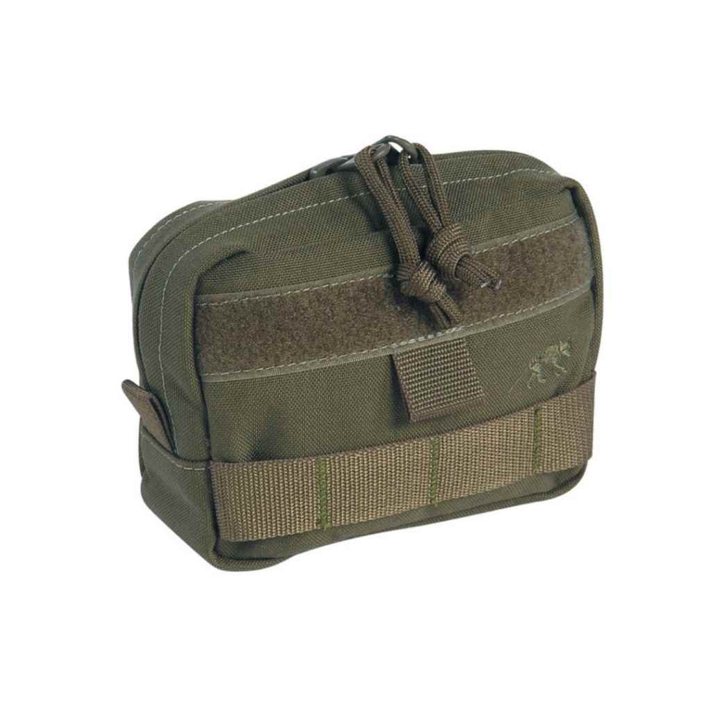 Three quarter front view of zippered Tasmanian Tiger horizontal accessory pouch with hook and loop strips for name tag and MOLLE system - Olive | TT7650.331