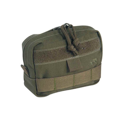 Three quarter front view of zippered Tasmanian Tiger horizontal accessory pouch with hook and loop strips for name tag and MOLLE system - Olive | TT7650.331