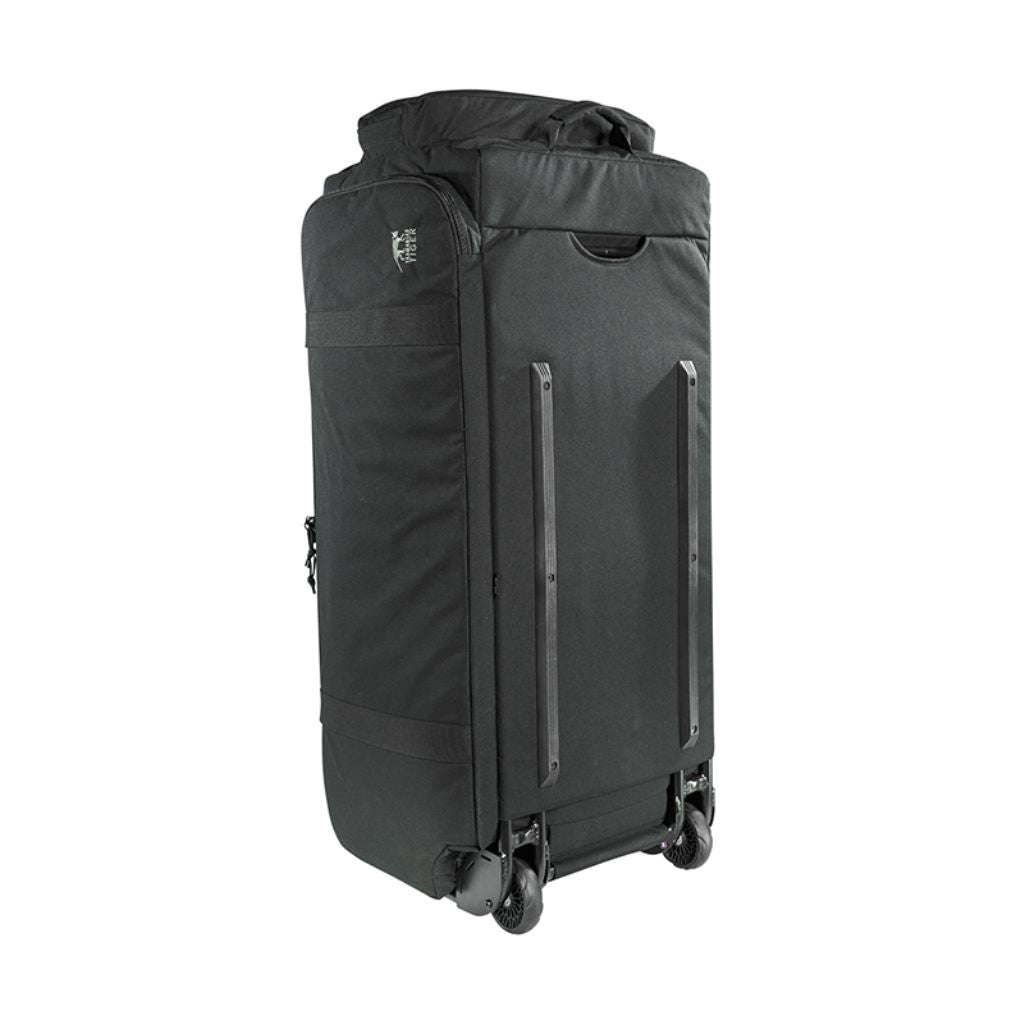 Back view of Tasmanian Tiger MIL Transporter 190 litre deployment bag showing pocket for removable aluminium frame trolley with wheels at base - Black