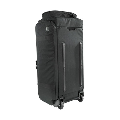 Back view of Tasmanian Tiger MIL Transporter 190 litre deployment bag showing pocket for removable aluminium frame trolley with wheels at base - Black
