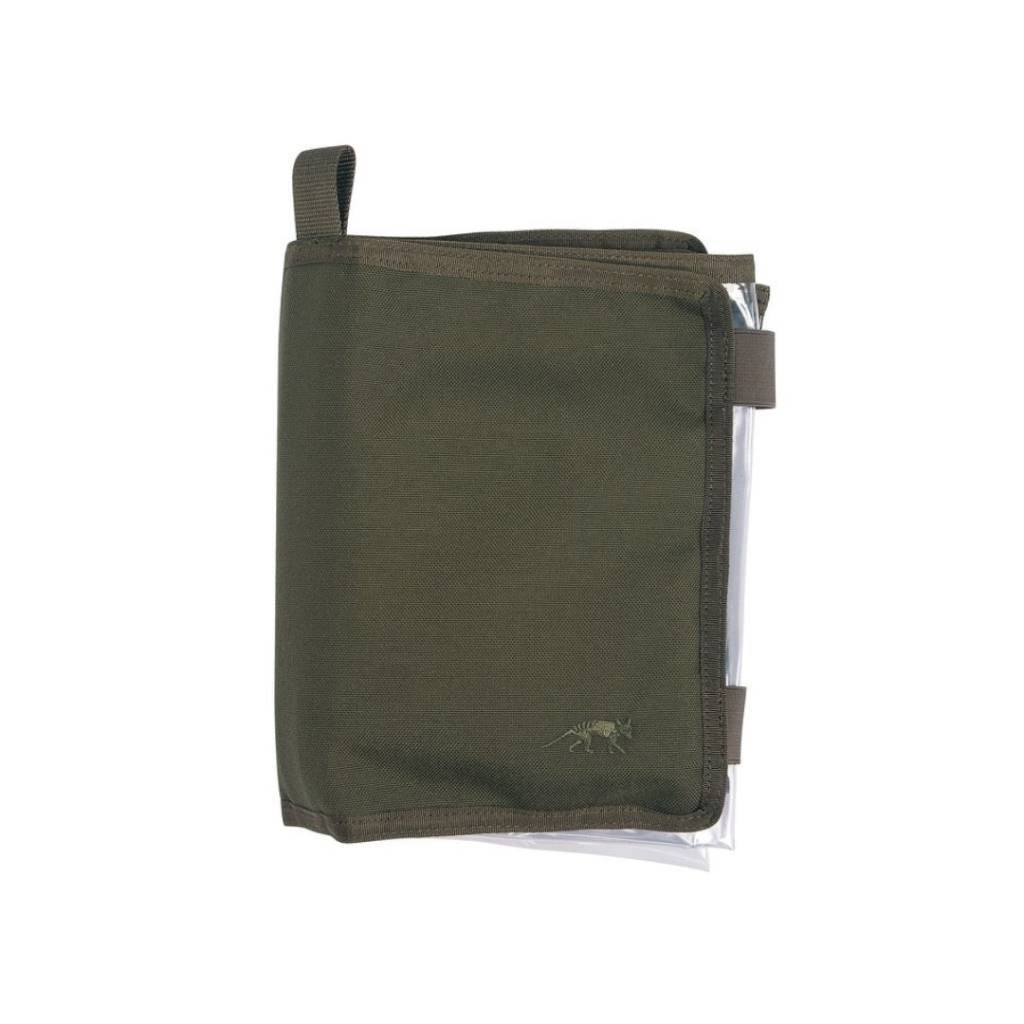 Front of  Large Tasmanian Tiger Map Case with tab at top left and TT logo bottom right and shown unzipped to reveal edge of interior pouches - Olive|