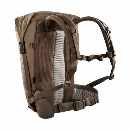 Three quarter back view of 28 litre Tasmanian Tiger Sentinel pack featuring roll-top with zipper and laser-cut MOLLE on sides and removable padded hip fins - Coyote Brown | TT7353.346