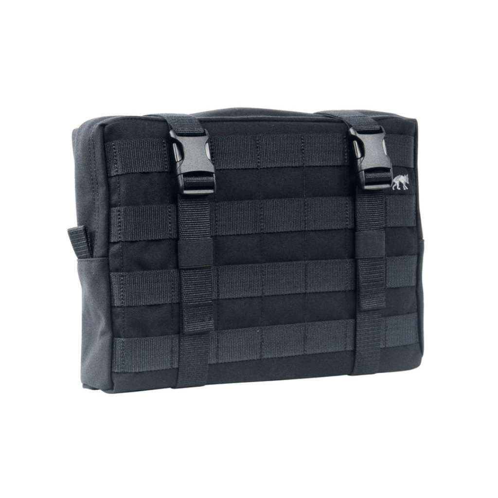 Three quarter front view of Tasmanian Tiger large accessories and lid pouch with two compression straps – Black | Ships Within New Zealand
