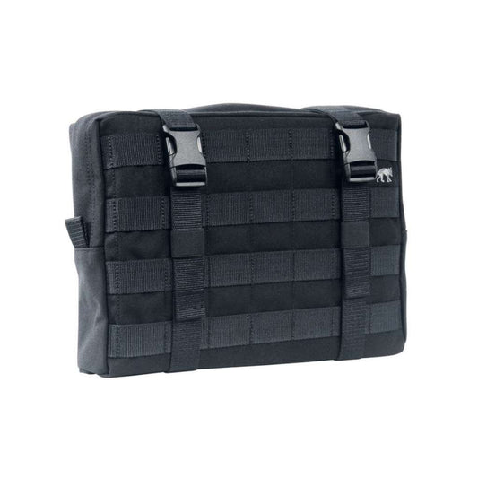 Three quarter front view of Tasmanian Tiger large accessories and lid pouch with two compression straps – Black | Ships Within New Zealand
