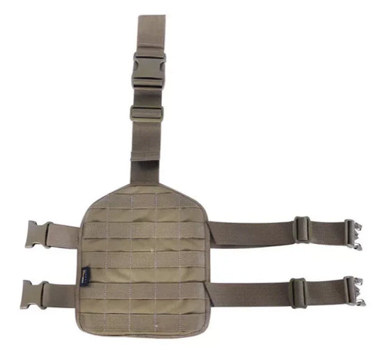 Outside view of Tasmanian Tiger Leg Base with rigid Molle system plate, loop at the top to fix to your waist belt and two adjustable leg straps – Khaki | TT7674.343