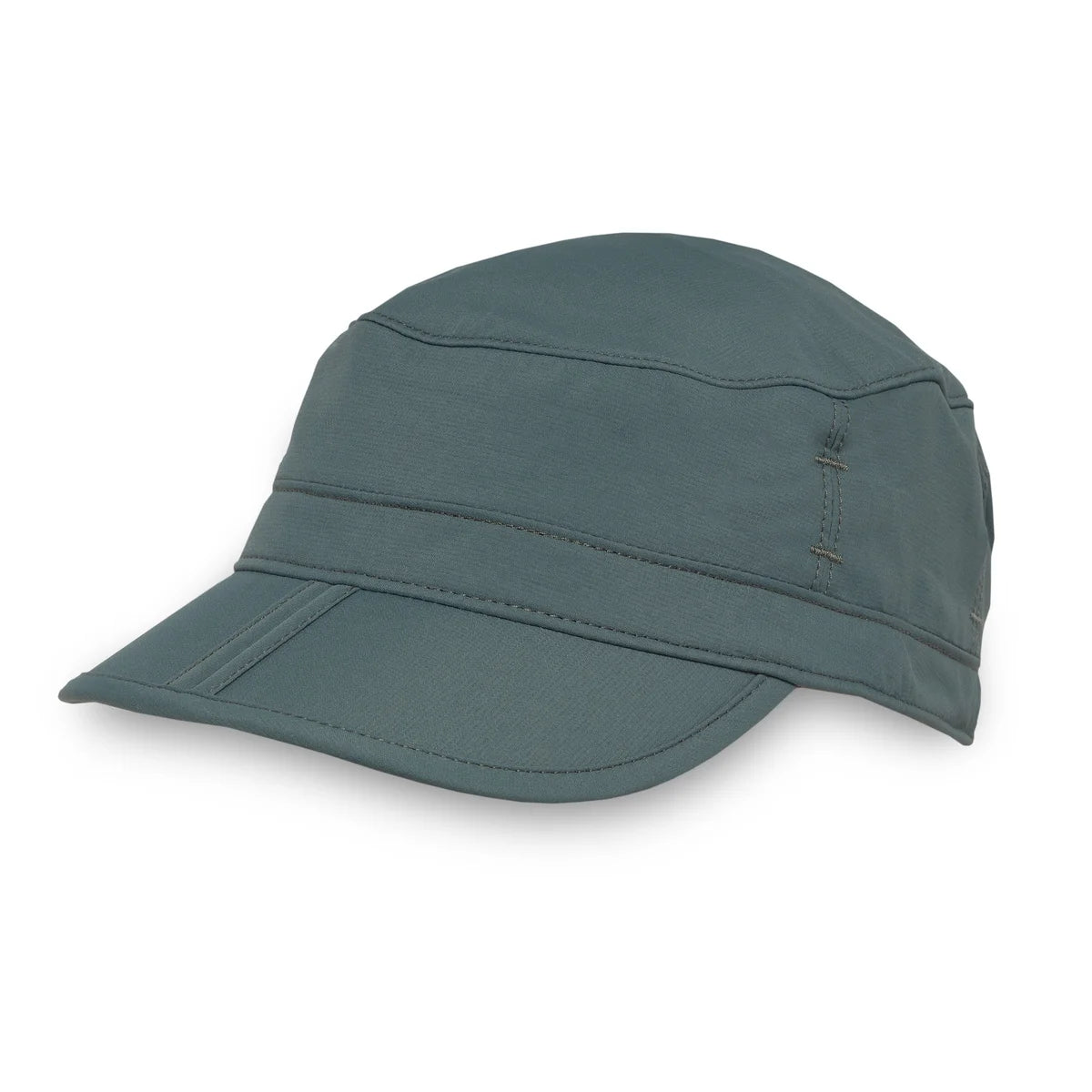 Front three-quarter view of the Sunday Afternoons Sun Tripper Cap, a nylon cap with a folding Clamshell Brim and UPF 50+ sun protection, in mineral blue-grey | STHCR#L