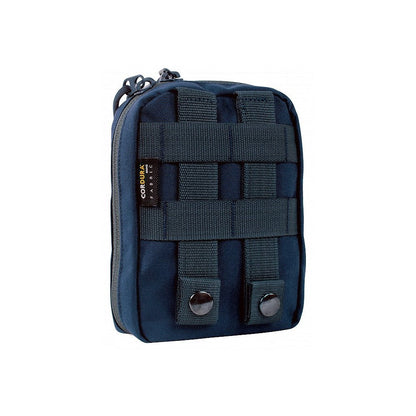 Three quarter back view of Tasmanian Tiger trema tac pouch with extra wide zipped opening and MOLLE snap button system requiring two MOLLE loops - Navy