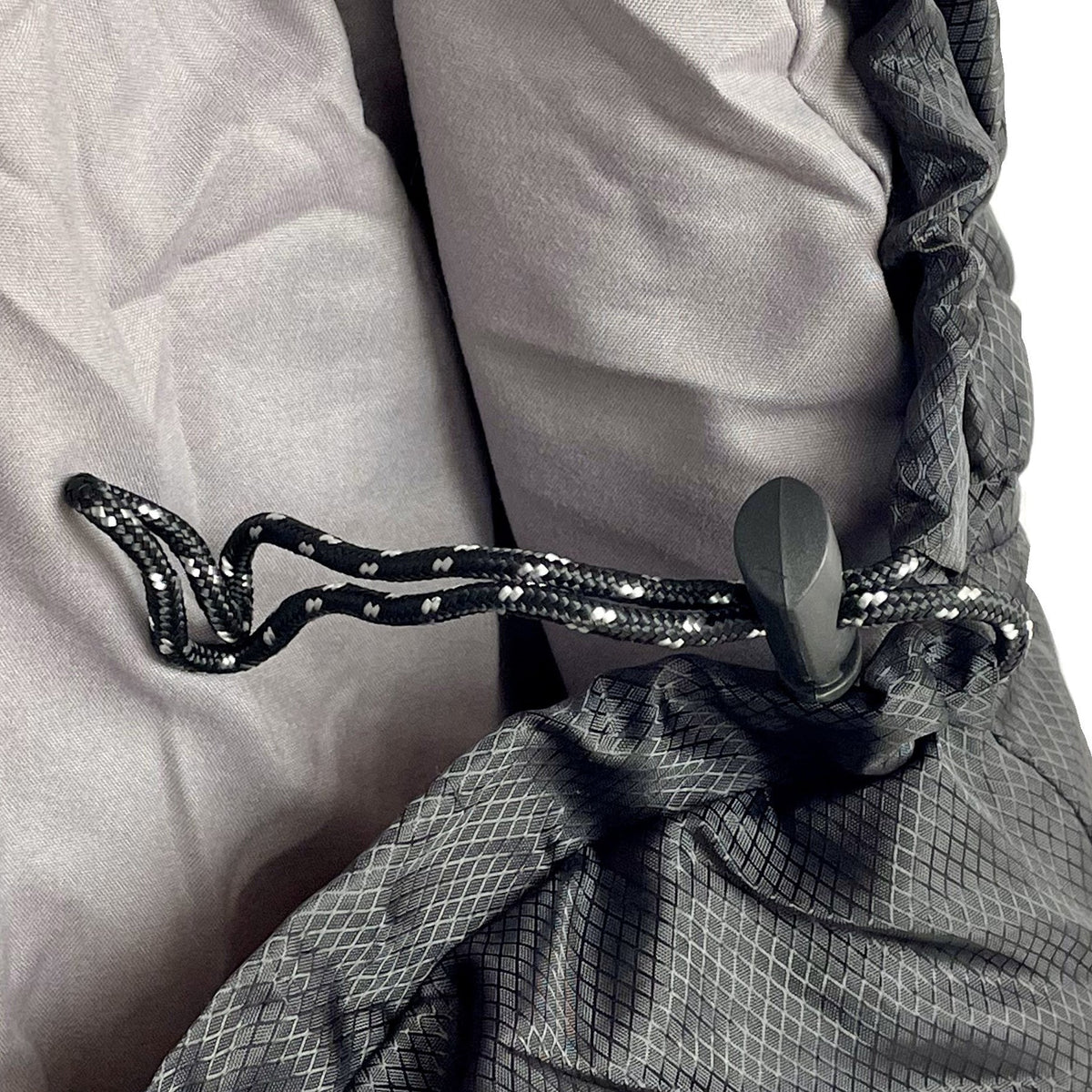Close up of drawstring at neck edge of Domex Black Ice synthetic sleeping bag | GENERAL